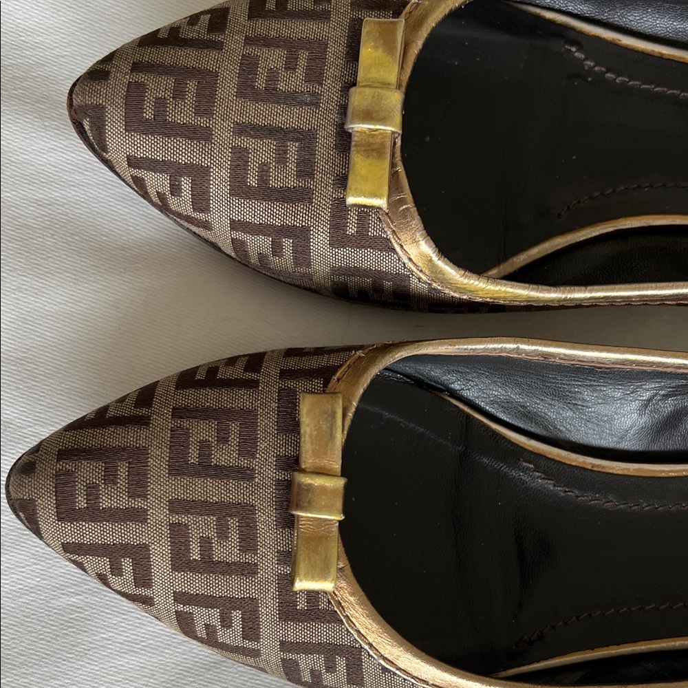 Fendi Brown Monogram Pointed-Toe Flats with Gold Bow Trim - Picture 3 of 7